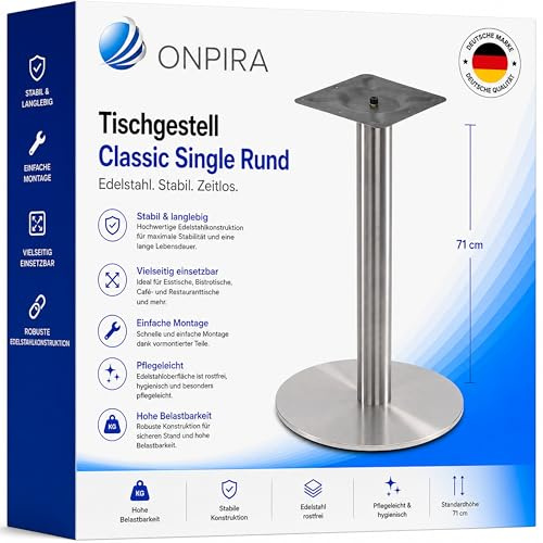 ONPIRA® Tischgestell Edelstahl Classic Single Rund Ø45 cm – Tischuntergestell Höhe 71 cm – Robuster Tischfuß für Bistro, Café, Restaurant & Gastro – Modernes Edelstahl Tischgestell – Stabil
