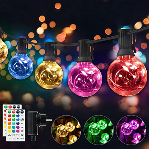 30 LED Lichterkette Außen Bunt, Lichterkette Außen Strom, 9M 18 Farben Wasserdicht IP65 G40 Glühbirnen Beleuchtung mit RGB Fernbedienung für Outdoor Weihnachten Garten Hof Hochzeit Party Balkon Deko