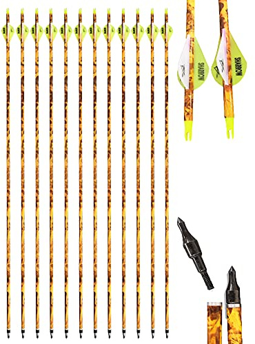 SHARROW 12/24 Carbon Pfeile 32 Zoll Pfeile für Bogenschießen Spine 600 Jagd Bogen Pfeile Jagdpfeile mit 2 Kunststoffbefiederung für Pfeil Und Bogen Recurvebogen Compoundbogen Langbogen