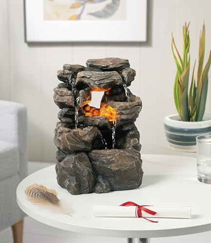 Cascading Indoor Tabletop Water Fountains with LED Light - Rockery Waterfall Fountain - Quiet and Relaxing Water Sound - Small 9.7 Inch Desktop Size - Home/Office Decor