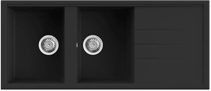 EVHOC Lavello Sopratop 116x50 cm, 2 Vasche con Gocciolatoio, Nero, ADHOC L | Lavello di Design per Cucina, Lavandino Reversibile in Kuarzite, Made in Italy, Effetto Granito, Piletta e Sifone Inclusi