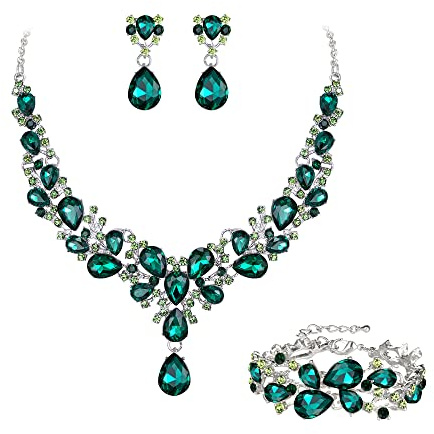 EVER FAITH Schmuckset Österreichisches Kristall Brautjungfern elegant Wassertropfen Blumen Cluster Statement klobige Halskette Ohrringe und Armband Set Grün Silber-Tone