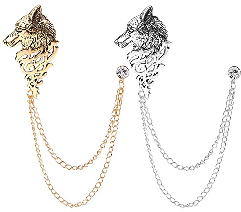 Lot de 2 broches de chemise pour homme, broches en forme de tête de loup, épingles, chaînes de col, chaînes à pompons, clous à revers en métal et cristal, Métal Cristal