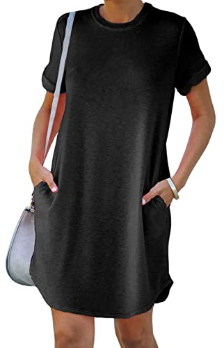 YEXIPO Women's Casual Summer Short Sleeve T Shirt Dress Nightgown Crew Neck Loose Solid Color Basic Dresses with Pockets