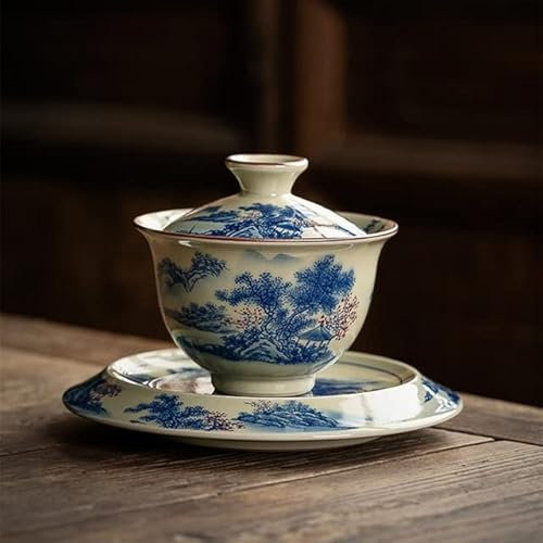 MOLUO Paysage Chinois en Céramique Ouverture Gaiwan pour Thé Soupière Tasse À Thé Bleu Et Blanc Bols À Thé Chawan Thé Cérémonie Ensemble