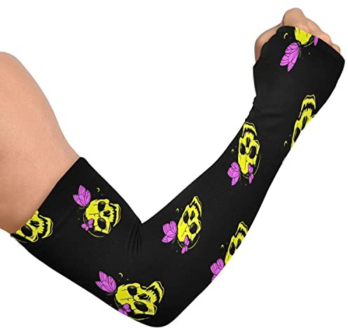 GAIREG Mangas temáticas deportivas de bola para cubrir tatuajes para mujeres y hombres, mangas de brazo refrescantes para hombres, Mariposas de calavera amarilla sobre negro, talla única