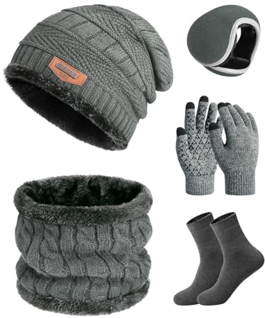heekpek Set de Bufanda Gorro Guantes Orejeras y Calcetines Hombre de Punto Invierno Suave Térmico Conjunto de 5 Piezas para Hombre, Gris