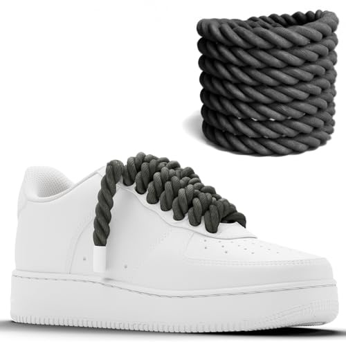 Chunky Laces - Cordones de cuerda de algodón gris oscuro de 10 mm con puntas blancas, 160 cm de longitud, compatible con Air Force 1, cordón de macramé, cuerda gruesa gris oscuro, cordones AF,
