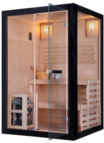 SANOTECHNIK Infrarotkabine PANORAMA BLACK – Infrarotsauna 2 Personen 130×120×200cm, Harvia 3,5kW Ofen, LED-Farblicht, ESG-Glas – Art.Nr.: J61130