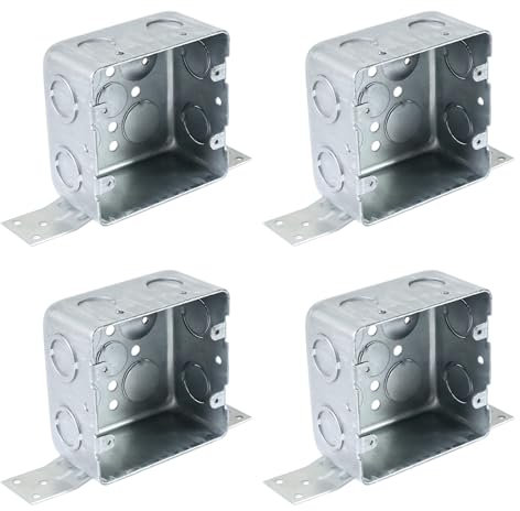Qlvily Confezione da 4 scatole elettriche quadrate da 10,2 cm, scatola elettrica in metallo profondo da 2-1/8 '' con staffa, bussole laterali da 1/2 e 3/4, scatola di giunzione elettrica, zincata