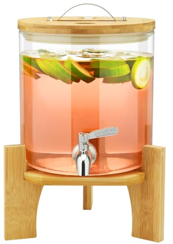 Drink Dispenser, 5L Glass Drink Dispenser with Stainless Tap, Beverage Dispenser with Bamboo Stand, Iced or Hot Beverage Dispenser for Parties,