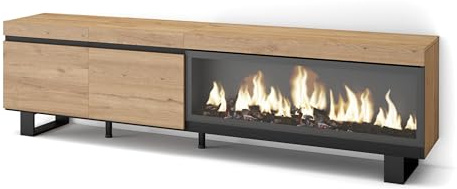 Skraut Home | TV-Schrank, Lowboard | für Wohnzimmer und Esszimmer | 210 | Für TV-Geräte bis zu 80 | Elektrokamin XXL | Industriedesign | Moderner Stil | Eiche