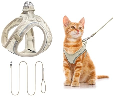 Hundegeschirr mit Leine 255cm XS Set, Reflektierend (Beige) | Brustgeschirr Für Kleine Hunde & Katzen, Atmungsaktives Mesh, Anti-Ausbruch, Weich, Spaziergang