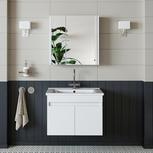 ROOMART • Set di mobili da bagno • Atria • 65 cm, 85 cm, 100 cm • Bianco • Lavabo con base • Armadio a specchio • Mobile alto (base con lavandino + armadio a specchio, 65 cm)