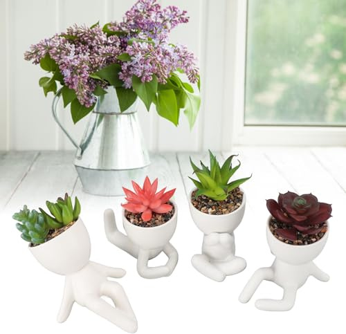 BFYDOAA 4Pcs Mini Artificial Flowers Bonsai with Ceramic Pot,Fake Succulents Plants Faux Succulents Floral Arrangements for Home Office Desk Window Bathroom Bedroom Outdoor Indoor