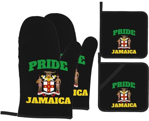 4 Stück Backhandschuhe Set Jamaika Flagge Jamaikaner Stolz Jamaikaner Ofenhandschuh Anti-Rutsch Topfhandschuhe Thermoisolierung Kaminhandschuh Für Geschenke, Backen, BBQ