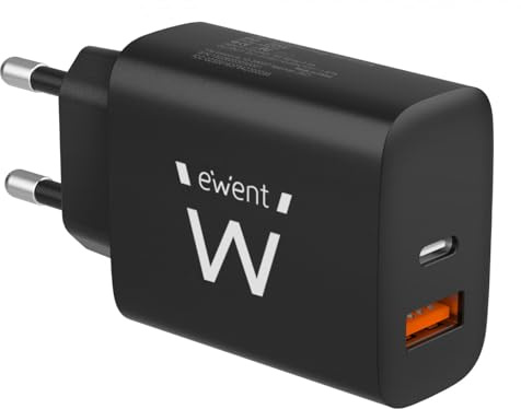 Ewent Caricabatterie USB C, Caricatore USB-C per iPhone 16/15/14/13/12/11/Pro/Max/Mini/SE/X/XR/XS/8/7, iPad Pro/Air, Air/Pods Pro, Samsung, Huawei, XiaoMi etc.,2-porte,20W Type C Super Veloce,Nero