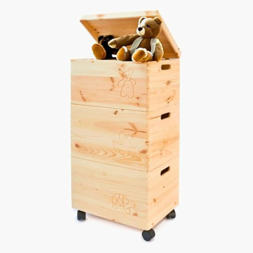 SEVICO XXL Holzkisten Set mit Rollen und Deckel – 3 Stück (40x30x74 cm) | Aufbewahrung für Spielzeug, Geschenke, Werkzeug | Multifunktionale Box mit Deckel für Kinder und Erwachsene