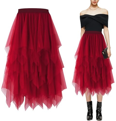 Baogaier Jupe Tulle Tutu Élégante Midi-Longue Asymétrique Plissée A-Line à Taille Elastique pour Prom Party Carnaval Costume Féminin