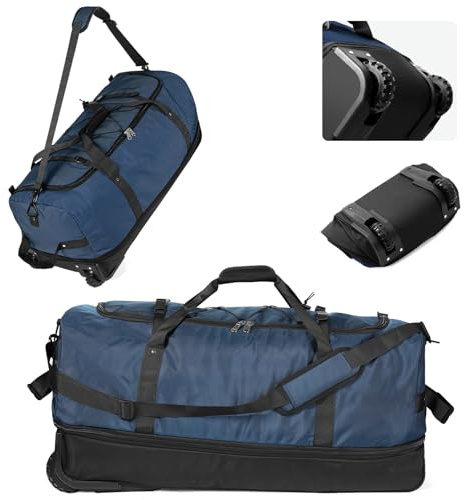 YHYEH Faltbare Reisetasche mit 2 Rädern,PVC Wasserdicht,110L-140L Erweiterbar,Ohne Teleskopstange,Leicht & Robust für Zug,Auto,Schiffsreisen,Marineblau