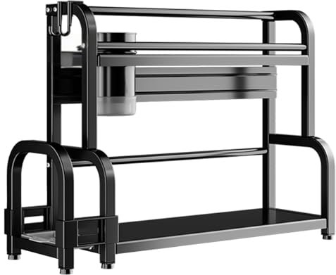 Étagère à épices de cuisine, 2 étagères, grande capacité, étagères de rangement de cuisine en acier avec porte-outils, tube pour baguettes, planche à découper 6 crochets pour ranger des pots d'épices