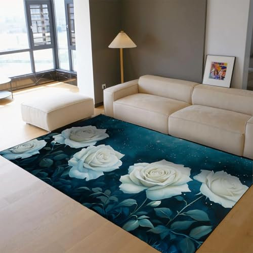 Weiße Rosen Teppich für das Wohnzimmer Romantische Rosen Teppiche 90x180cm Abstrakter Blauer und weißer Teppich Home Decor rutschfeste waschbare Bodenmatte
