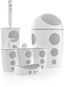 Ensemble de Salle de Bain 6 pièces - Design Moderne avec Motifs circulaires - Comprend Poubelle, Porte-Savon, Distributeur de Savon, gobelet, Brosse WC et Porte-Bros (Gris)