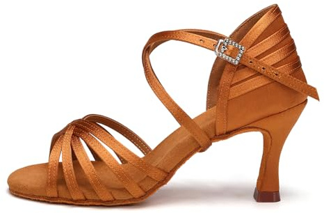 AOQUNFS Scarpe da Ballo Latino Americano Donna Raso Tacco Scarpe da Salsa Tango Bachata Rumba Samba da Pratica e Performance,2324-7.5-Marrone,EU39