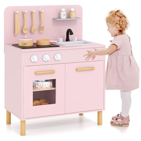 HOMASIS Kinderküche mit Licht & Sound, Spielküche aus Holz mit 10 Spielzubehör, Spielzeugküche mit Spüle Herd Backofen, Holzküche Miniküche Küchenspielset für Kinder ab 2 Jahre (Rosa)