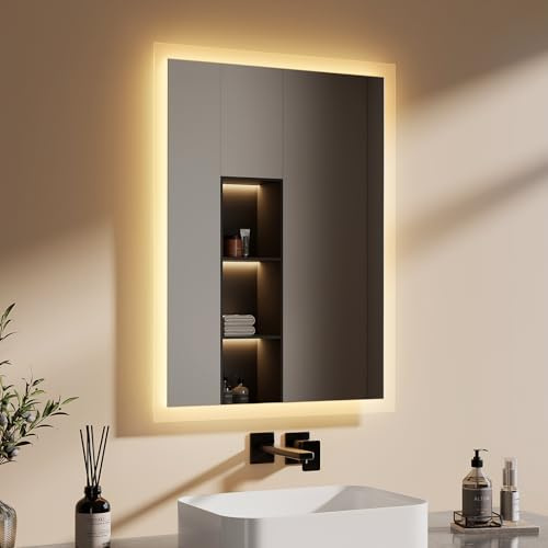 EMKE Badspiegel mit Beleuchtung 80x60cm, Badezimmerspiegel mit Warmweiß Licht 3000K, Wandschalter, badezimmerspiegel mit Beleuchtung ideal für Badezimmer