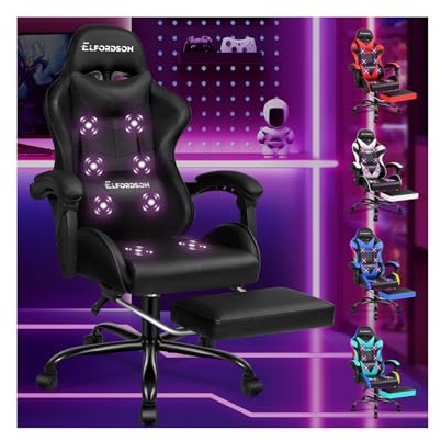 ELFORDSON Massage Gaming Chair for Kids Adults, Ergonomic Computer Office Chairs with Headrest, Lumbar Cushion, Footrest, High Back 150° Reclining, 360° Swivel, PU Leather, Black