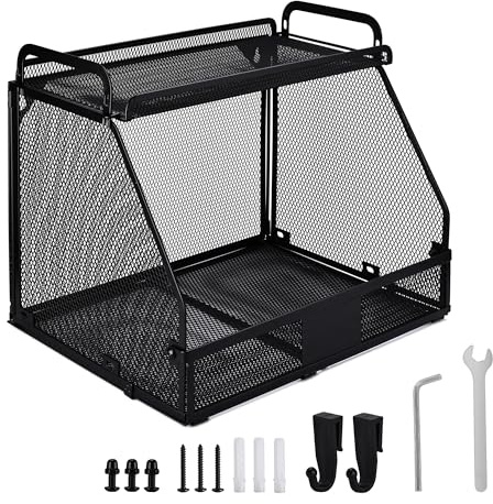 TECHSHARE Hanging Vegetable Rack Wall Mount, Wall Mounted Wire Storage Bin for Kitchen Bathroom or Pantry, Black Metal Fruit Basket