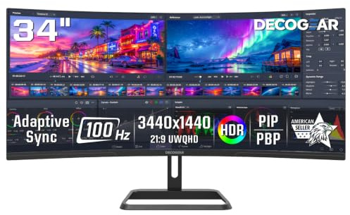 Deco Gear 34-Inch Business Curved Super UltraWide WQHD Monitor 3440 × 1440 R1500 100Hz 1ms 100% sRGB HDR 2× DisplayPort 2× HDMI Tilt Adjustable PIP/PBP Low Blue Light, American Seller