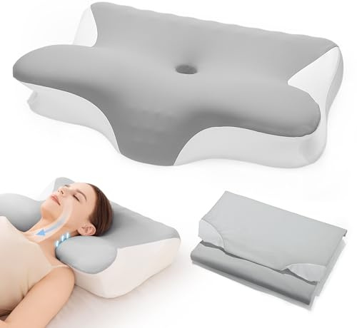 Restnature Orthopädisches Nackenkissen Kopfkissen - Memory-Schaum-Kissen mit Höhenverstellung für Seitenschläferkissen, Ergonomisches Nackenstützkissen mit 2 Bezug, Weiß & Grau