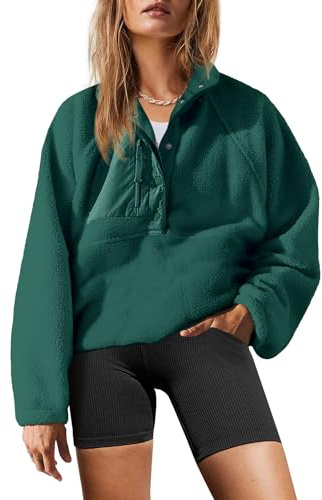 Yanekop Womens Fuzzy Fleece Pullover Sherpa Sweatshirt Long Sleeve Button Down Sweater Winter Fleece Jacket with Pockets(Dark Green,XS)