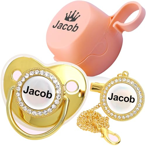 Personalisierte Baby Schnuller, individuelle Schnullerkette mit Namen für Neugeborene Geschenk (Golden-Rosa)