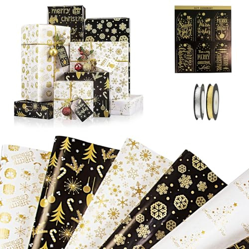 6 Hojas Papel de Regalo Navidad, con Copos de Nieve, Papá Noel, Papel de Regalo de Papá Noel, con Etiquetas Regalo para Navidad, Año Nuevo, Fiestas, 70x50 cm