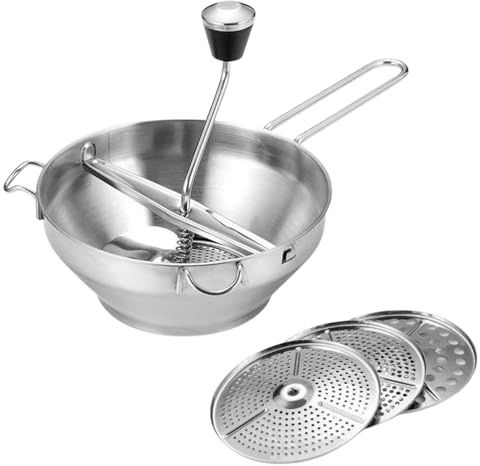 Lebensmittelmühle für Apfelmus Lebensmittelmühle mit Kurbel,Ergonomische 3 Frässcheiben Edelstahl,Mahlwerk Küchenmühle Zerkleinerer
