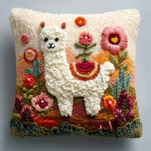 ANSIWEIGO Kit Crochet à Loquet Créatif pour Coussin avec Motifs Imprimés Exclusifs,Ensemble DIY Complet de Point Noué pour Housse d'Oreiller et Décoration Maison,43x43 cm,Alpaga de dessin animé