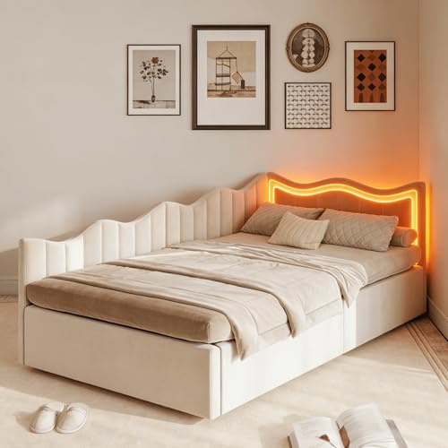 Lietre Kinderbett Polsterbett 90x200 cm, Sofabett mit Hydraulischer Stauraum, Mädchenbett mit LED-Beleuchtung, Einzelbett Bettgestell mit Lattenrost, Jugendbett, Boxspringbett, Samt (Cremeweiß)