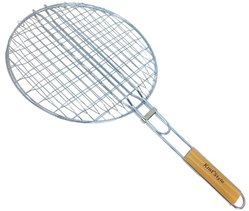 Parrilla para Barbacoa Redonda, Mango Doble de Madera, Cesta Pescado, Hamburguesas.