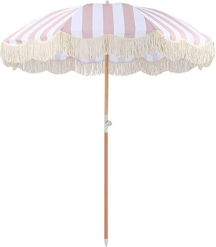 Parasol De Patio à Franges De 180 Cm - Parasol D’extérieur pour Patio, Piscine, Table, Jardin, Terrasse, Plage Et Extérieur, Parasol De Patio Pliable avec Sac De Transport, Pink and White Stripe, 2m