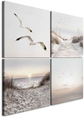 murando - Leinwandbild Set Möwen Strand Panorama, 80x80 cm, 4-teilig | Hochwertige Leinwand, sofort aufhängbar, ideal fürs Wohn- oder Schlafzimmer, wasserfest und lichtecht, langlebig, stilvoll