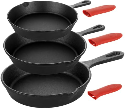LDHHYH 3 PCS Pre-Seasoned Cast Iron Skillet Set, 6, 8, 10 Cast Iron Frying Pan with Silicone Heat-Resistant Handles, Field Skillet Cast Iron Pans for Cooking, Frying, Saute, Cooking, Pizza - Black