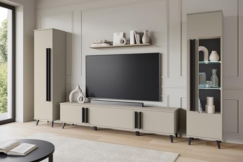 MINIO go for it - Wohnwand Huron 2, 4-teilig Set mit LED | auf hohen Beinen, Farbe: Beige Congo / Schwarz mat