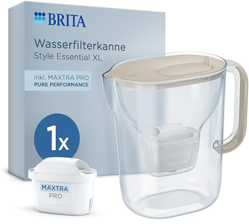 BRITA Wasserfilter Kanne MAXTRA Style Essential XL, 1x Pure Performance | Sand, große Filterkanne, LED Filterwechselanzeige, Klappdeckel, Filterkartusche reduziert PFAS, Kalk, Metalle & mehr
