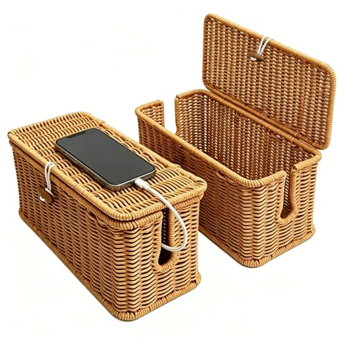 2 Pack Cable Management Box,Handmade Rattan Cable Tidy Box for Cord Hider | 2 Open Slots Under Desk Cord Organizer with Lockable Lid Dustproof to Hide Messy Cables for Power Strip,Router & USB Hub
