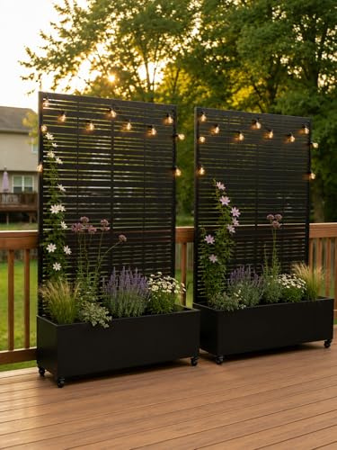 Hochbeet mit Sichtschutz, Metall Pflanzkasten mit Rankgitter und Rollen, freistehender Pflanzkübel 33cm tief, wetterfest für Blumen und Kletterpflanzen - Ideal für Garten, Balkon und Terrasse