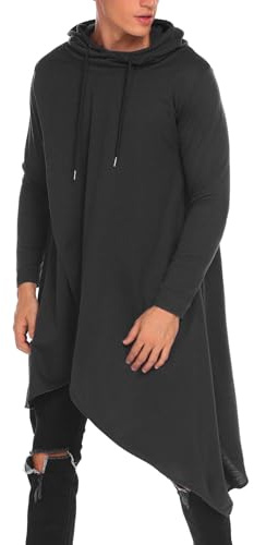 Coofandy Mens Casual Hooded Poncho Cape Cloak Split Front Irregular Hem Coat Outwear - Black -