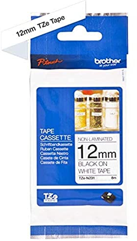 Brother TZe-N231 Labelling Tape Cassette, Black on White, 12mm (W) x 8M (L), Non-Laminated, Brother Genuine Supplies